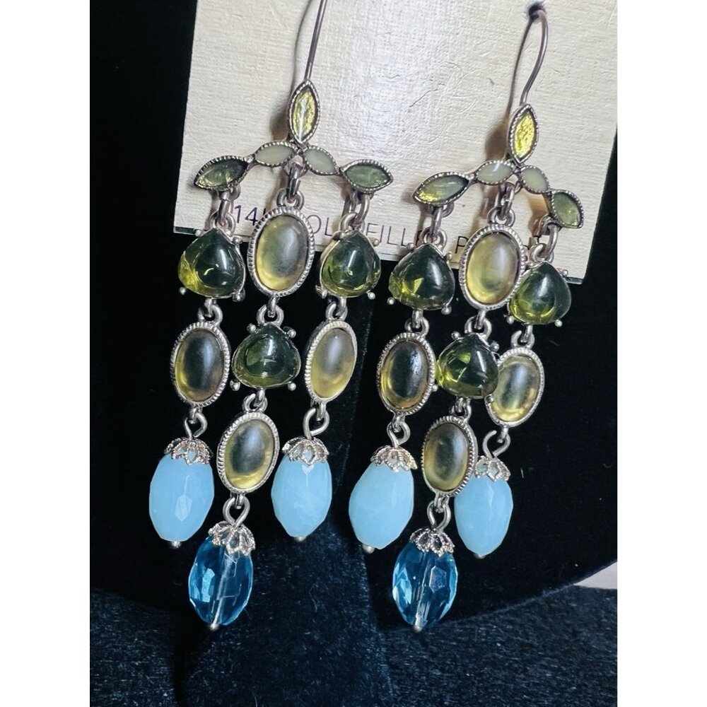 Vintage Monet Gold Tone Enamel Green Blue Beaded Chandelier Statement Earrings